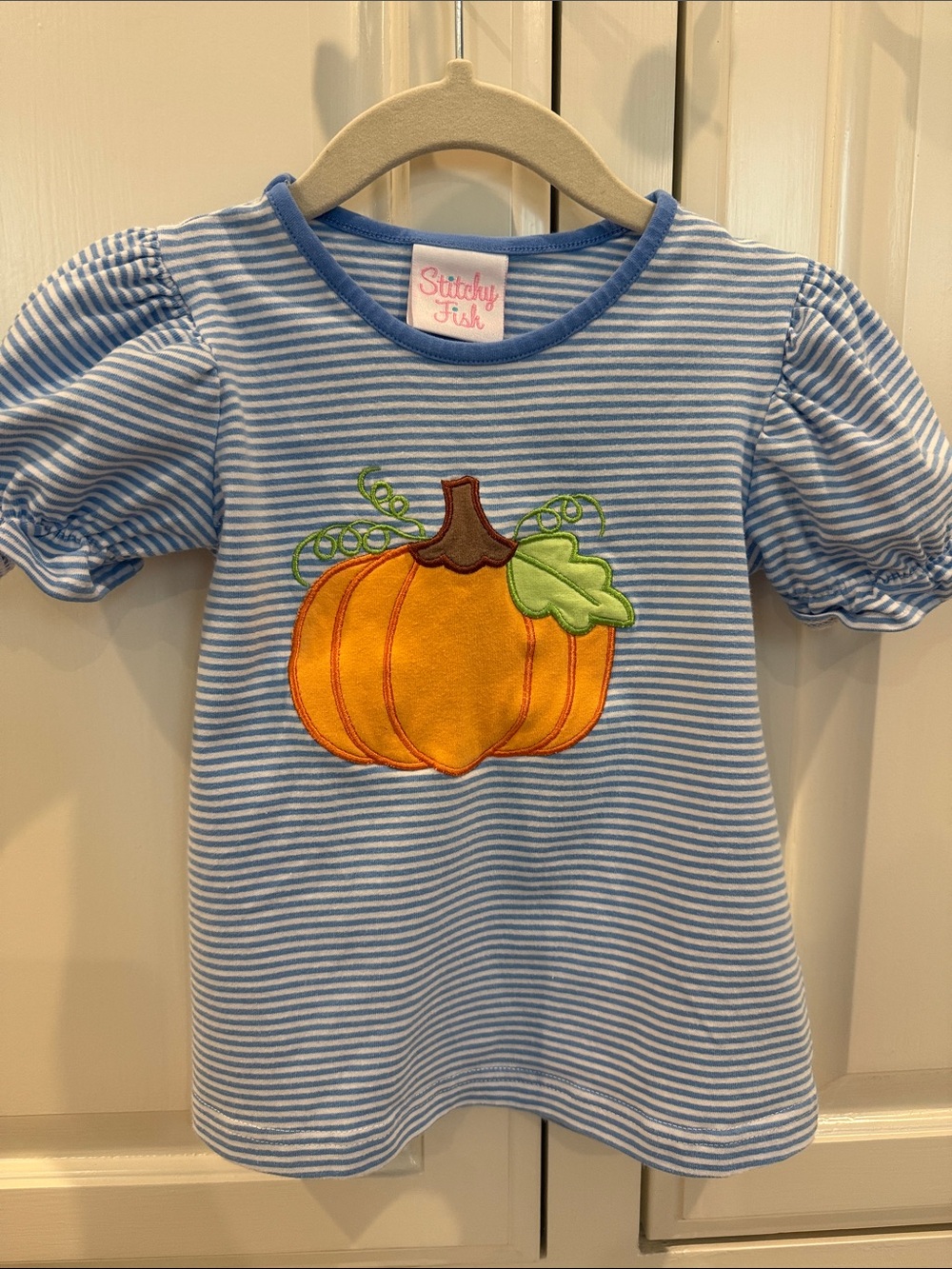 Stitchy Fish Blue Striped Pumpkin Applique Short Sleeve Tee